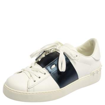 Pre Owned Valentino White Blue Leather Low Top Sneakers Size 36