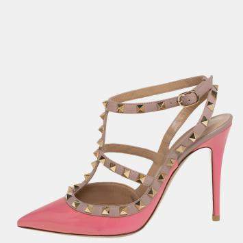 Pre Owned Valentino Pink Patent Leather Rockstud Ankle Strap Sandals Size 39