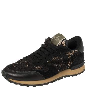 Pre Owned Valentino Black Suede And Lace Rockrunner Low Top Sneakers Size 37.5