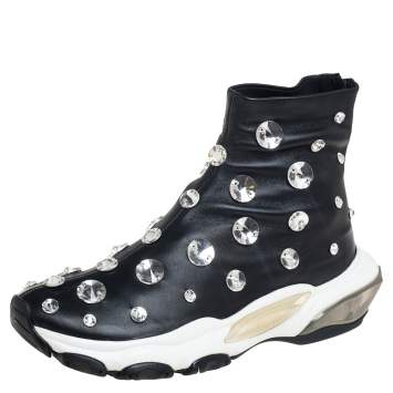 Pre Owned Valentino Black Leather Crystal Embellished High Top Sneakers Size 38