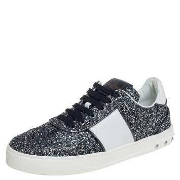 Pre Owned Valentino Grey/White Glitter And Leather Flycrew Low Top Sneakers Size 40.5