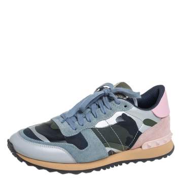 Pre Owned Valentino Multicolor Camouflage Leather And Suede Rockrunner Sneakers Size 39.5