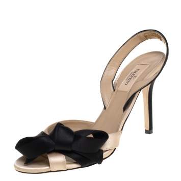 Pre Owned Valentino Black/Beige Satin Bow Slingback Sandals Size 38