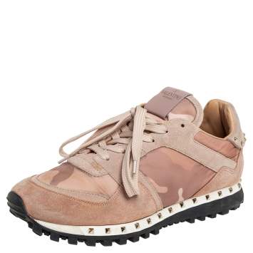 Pre Owned Valentino Beige Canvas And Suede Rockrunner Sneakers Size 39