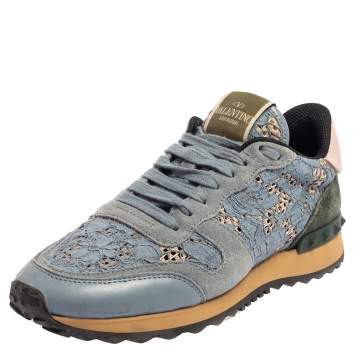 Pre Owned Valentino Slate Blue Lace and Suede Rockrunner Sneakers Size 37