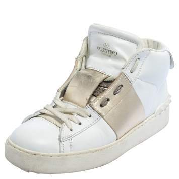 Pre Owned Valentino White/Gold Leather Rockstud High Top Open Sneakers Size 38