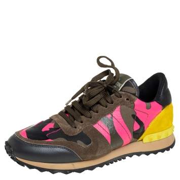Pre Owned Valentino Multicolor Camouflage Suede And Leather Rockrunner Low Top Sneakers Size 38