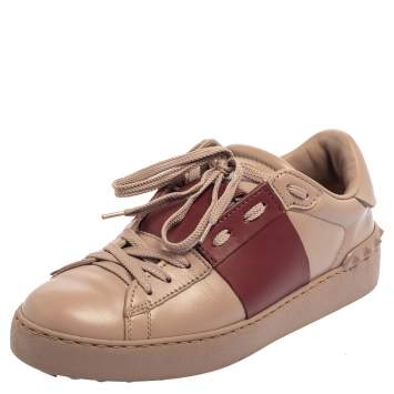 Pre Owned Valentino Beige/Burgundy Leather Rockstud Low Top Open Sneakers Size 38