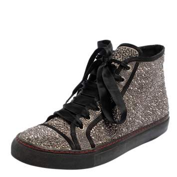 Pre Owned Valentino Grey/Black Embellished Satin High Top Sneakers Size 39.5