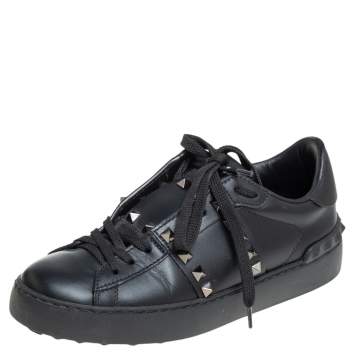 Pre Owned Valentino Black Leather Studded Open Sneakers Size 36