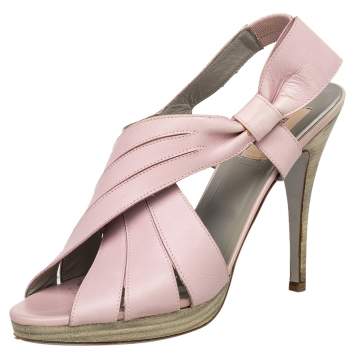 Pre Owned Valentino Pink Leather Bow Peep Toe Slingback Sandals Size 39.5