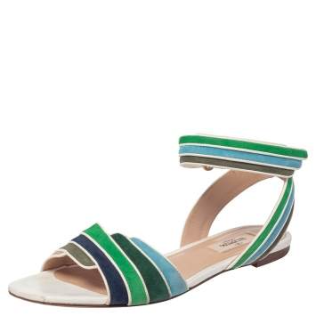 Pre Owned Valentino Multicolor Suede and Leather Rainbow Ankle Wrap Flat Sandals Size 38.5