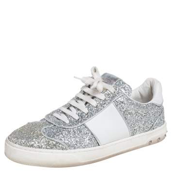 Pre Owned Valentino Silver/White Glitter and Leather Fly Crew Low Top Sneakers Size 40