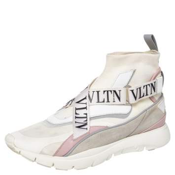 Pre Owned Valentino White Knit Fabric And Leather VLTN High Top Sneakers Size 41