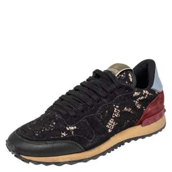 Pre Owned Valentino Black Suede And Lace Rockrunner Low Top Sneakers Size 39