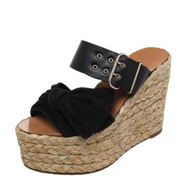 Pre Owned Valentino Black Leather And Suede Bow Espadrille Wedge Sandals Size 36.5