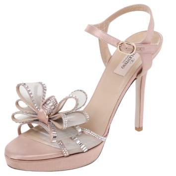 Pre Owned Valentino Blush Pink Satin Crystal Embellished Mesh Bow Platform Ankle Strap Sandals Size 39.5