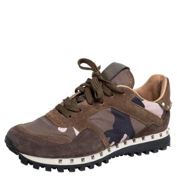 Pre Owned Valentino Military Green Camouflage Nylon and Suede Rockrunner Sneakers Size 37.5
