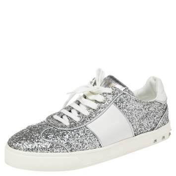 Pre Owned Valentino Silver Glitter and Leather Fly Crew Low Top Sneakers Size 41