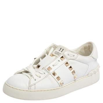 Pre Owned Valentino White Leather Rockstud Untitled Low Top Sneakers Size 36