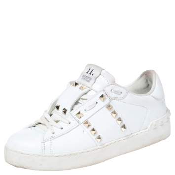 Pre Owned Valentino White Leather Rockstud Lace Up Sneakers Size 37.5