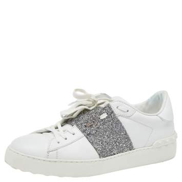 Pre Owned Valentino White Leather And Glitter Rockstud Sneakers Size 41