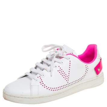 Pre Owned Valentino White/Pink Leather  V-Logo Sneakers Size 39