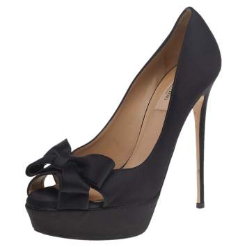 Pre Owned Valentino Black Satin Bow Peep Toe Platform Pumps Size 39