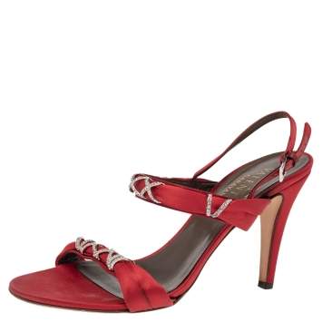 Pre Owned Valentino Red Satin Crystal Embellished Slingback Sandals Size 38