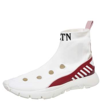 Pre Owned Valentino White Stretch Fabric Cut Out Sock Sneakers Size 40