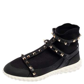 Pre Owned Valentino Black Leather And Knit Fabric Rockstud Sock Sneakers Size 37