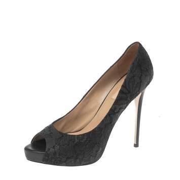 Pre Owned Valentino Black Lace Peep Toe Platform Pumps Size 40