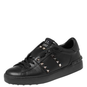 Pre Owned Valentino Black Leather Open Low Top Sneakers Size 37