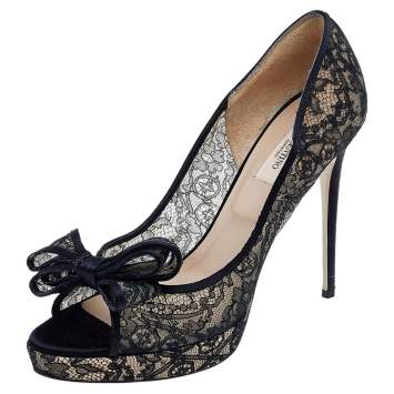 Pre Owned Valentino Black Floral Lace Bow Lace Peep Toe Platform Pumps Size 40