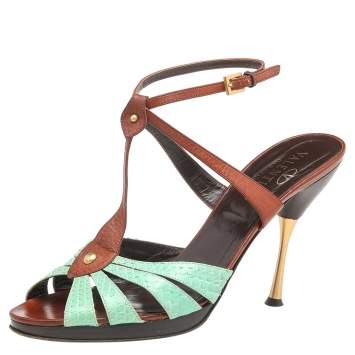 Pre Owned Valentino Green/Brown Embossed Leather Slingback Sandals Size 41