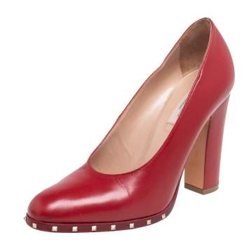 Pre Owned Valentino Red Leather Soul Rockstud Block Heel Pumps Size 37.5