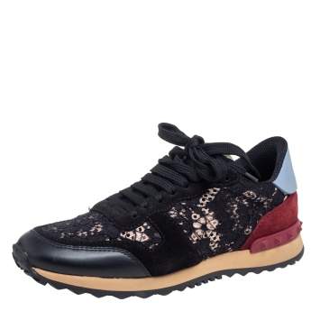 Pre Owned Valentino Black Lace, Leather and Suede Rockrunner Sneakers Size 37