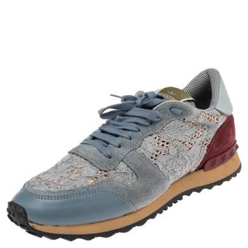 Pre Owned Valentino Slate Blue Lace and Suede Rockrunner Sneakers Size 39