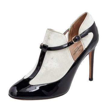 Pre Owned Valentino Black/White Patent Leather And Velvet T Strap Pumps Size 36