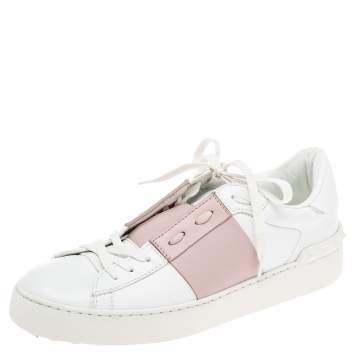 Pre Owned Valentino White/Blush Pink Leather Open Low Top Sneakers Size 37