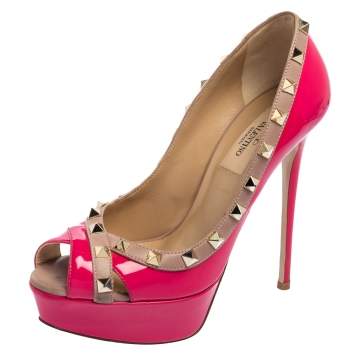 Pre Owned Valentino Pink/Beige Patent Leather Rockstud Crisscross Peep Toe Platform Pumps Size 36