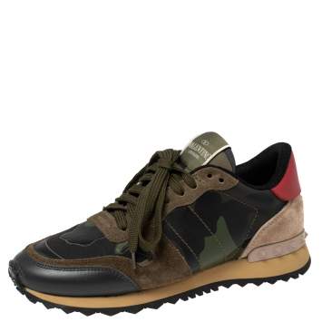 Pre Owned Valentino Multicolor Camo Printed Leather, Suede and Fabric Rockrunner Low-Top Sneakers Size 37