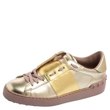 Pre Owned Valentino Metallic Bronze Leather Rockstud Lace Up Sneakers Size 36