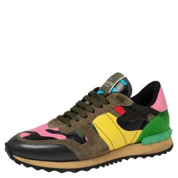 Pre Owned Valentino Multicolor Suede, Camo Print Leather and Canvas Rockrunner Sneakers Size 38
