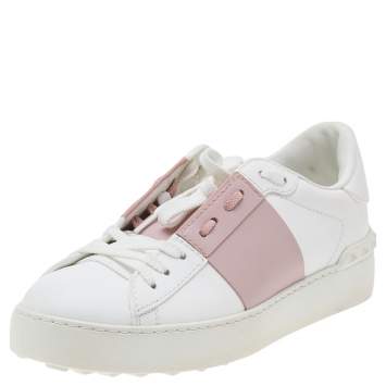 مملوكة مسبقًا Valentino White/Blush Pink Leather Open Low Top Sneakers Size 37.5