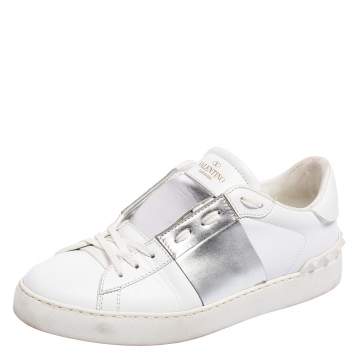 Pre Owned Valentino White/Silver Leather Open Low Top Sneakers Size 39.5