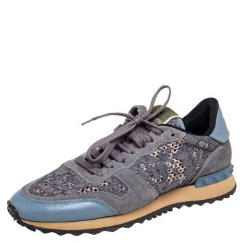 مملوكة مسبقًا Valentino Slate Blue/Grey Lace and Suede Rockrunner Sneakers Size 39
