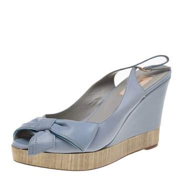 Pre Owned Valentino Blue Leather Bow Detail Slingback Platform Wedge Sandals Size 39