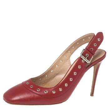 Pre Owned Valentino Red Leather Square Toe Slingback Sandals Size 37