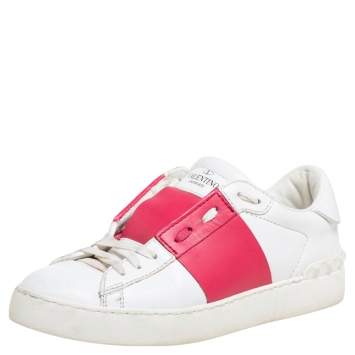 Pre Owned Valentino White Leather  Rockstud Lace Up  Sneakers Size 37.5